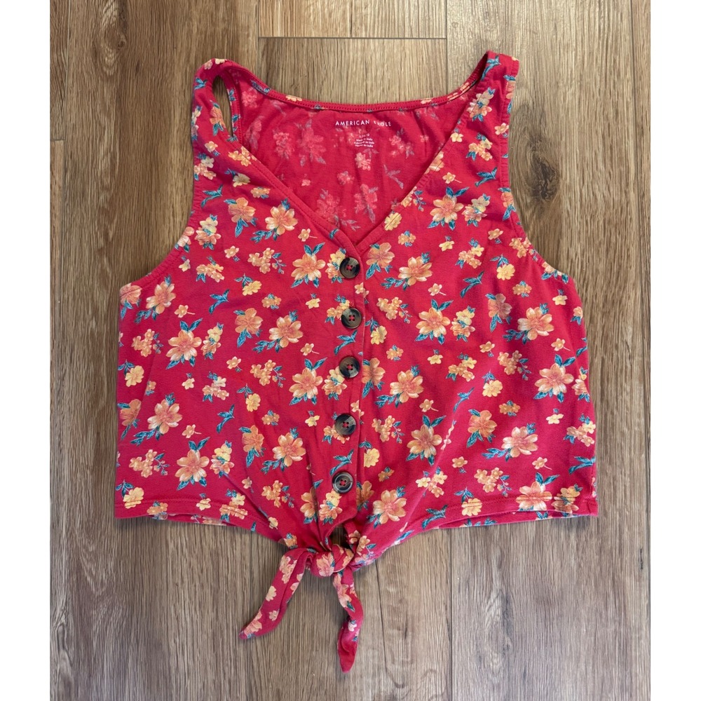American Eagle Womens Red Floral Button Front Tie‎ Hem Sleeveless Crop Top Large